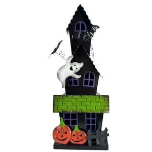 Tin Haunted House Halloween Decor Cute Spooky Ghosts‎ Bats Pumpkins 19" Tall